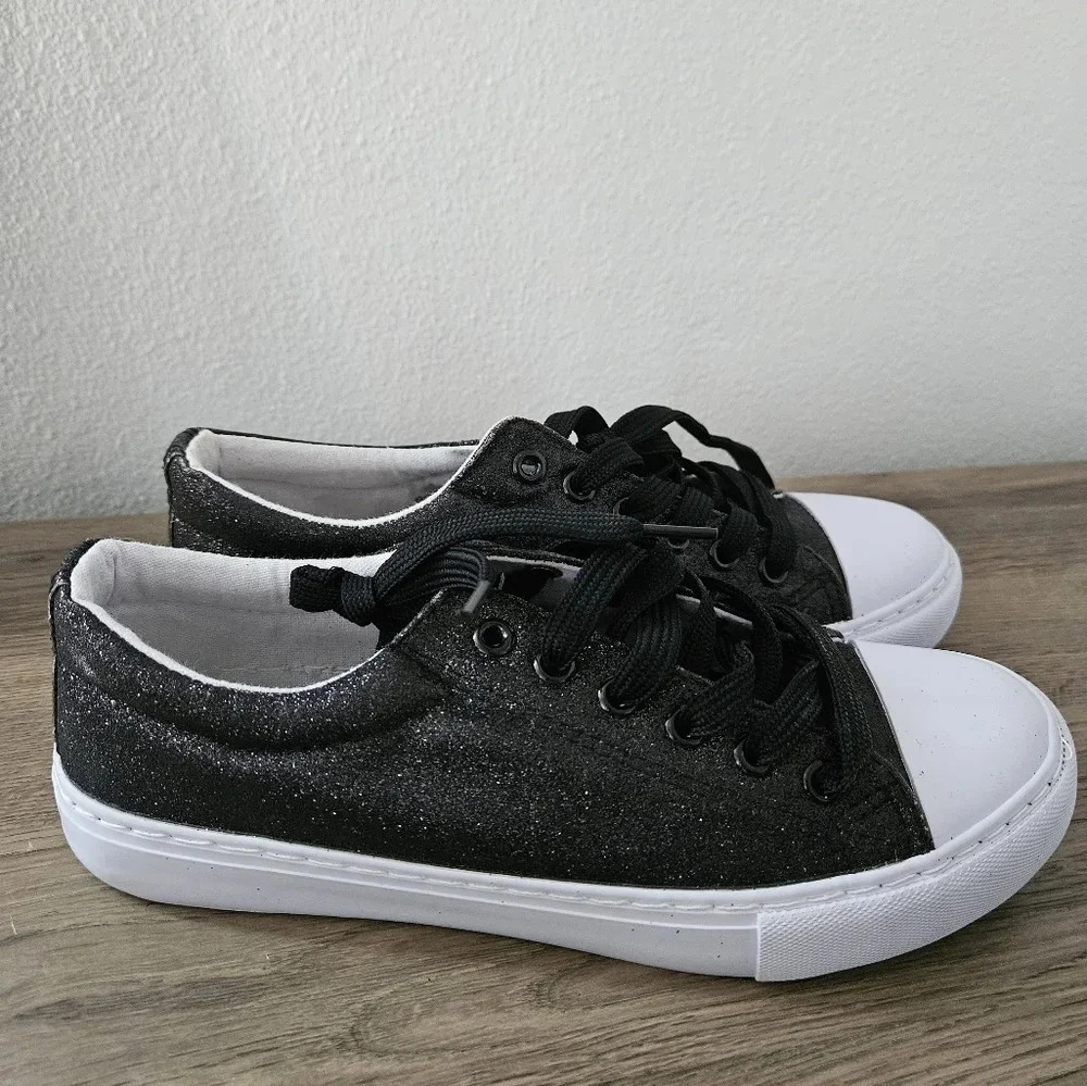 Pierre Dumas Morgan Black Glitter Low Top Sneakers Womens 8 Lace‎ Up Shoes NWOT